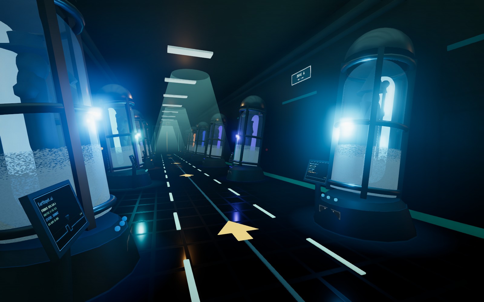 Inside the Cryo Bay: a dim corridor lined with glowing cryo-pods