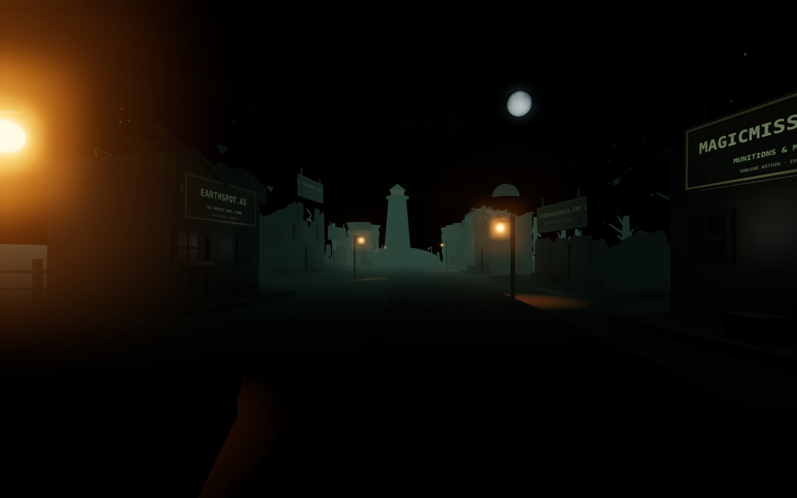 The Vanishing Valley: a foggy village road lined with dissolving storefronts